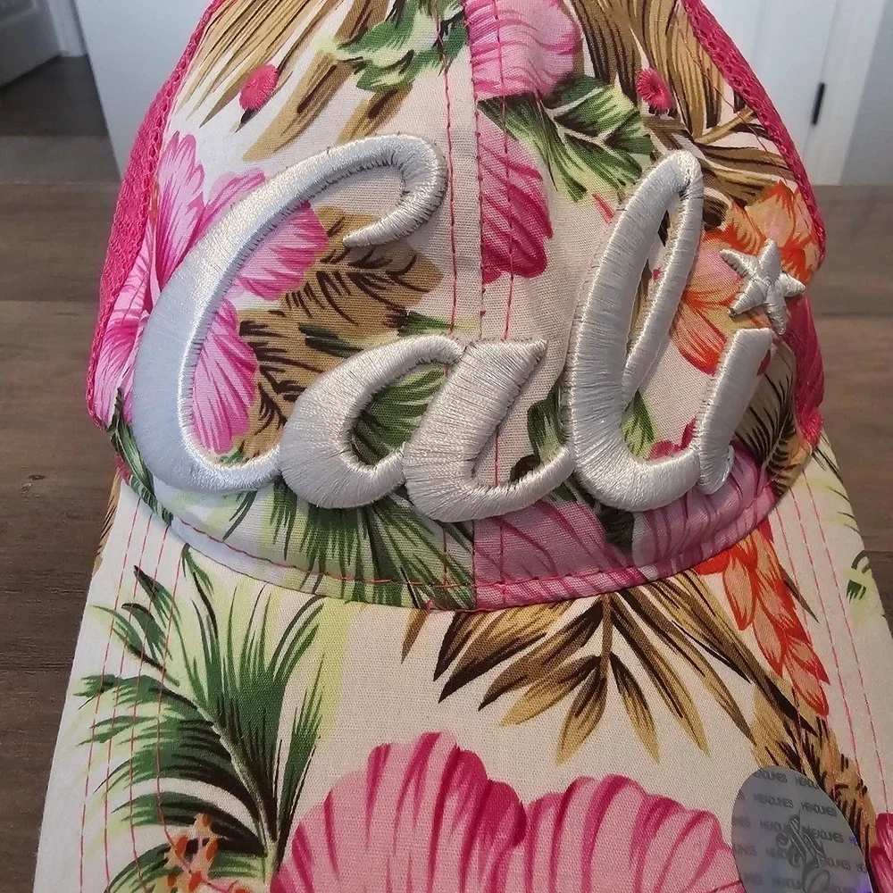 Cali Trucker Hat Womens Snapback Pink Embroidered Floral Tropical Mesh
